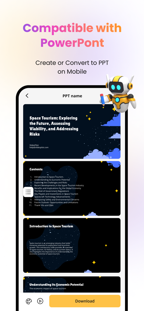 SlidesPilot: AI PowerPoint - SlidesPilot mobile app interface showing a PowerPoint presentation on space tourism