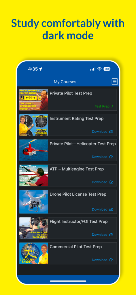 King Test Prep Companion - King Test Prep Companion app displaying a list of aviation courses in dark mode