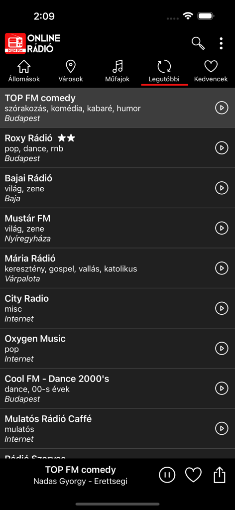 Online Rádió - A tela de estações recentes do aplicativo Rádio Online exibindo uma lista de canais de rádio húngaros.