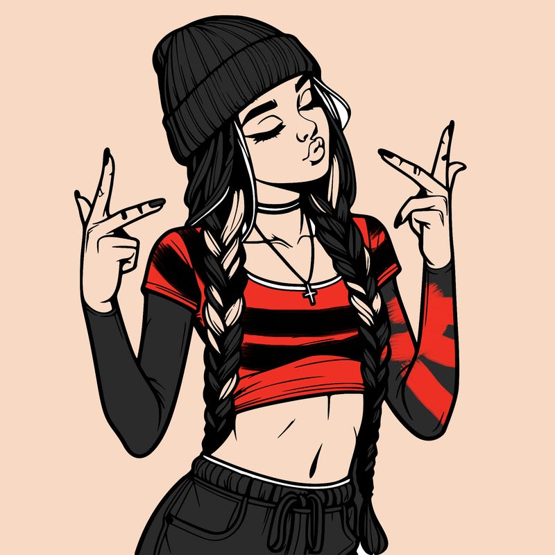 realistic teenage girl with braids and a beanie and crop top doing 🫶🏼