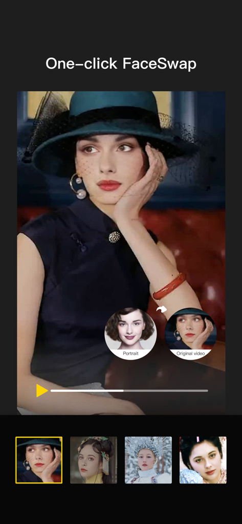 Aha Photo Lab - Interface do aplicativo Aha Photo Lab mostrando o recurso de troca de rosto com um clique transformando um retrato em um estilo vintage artístico.