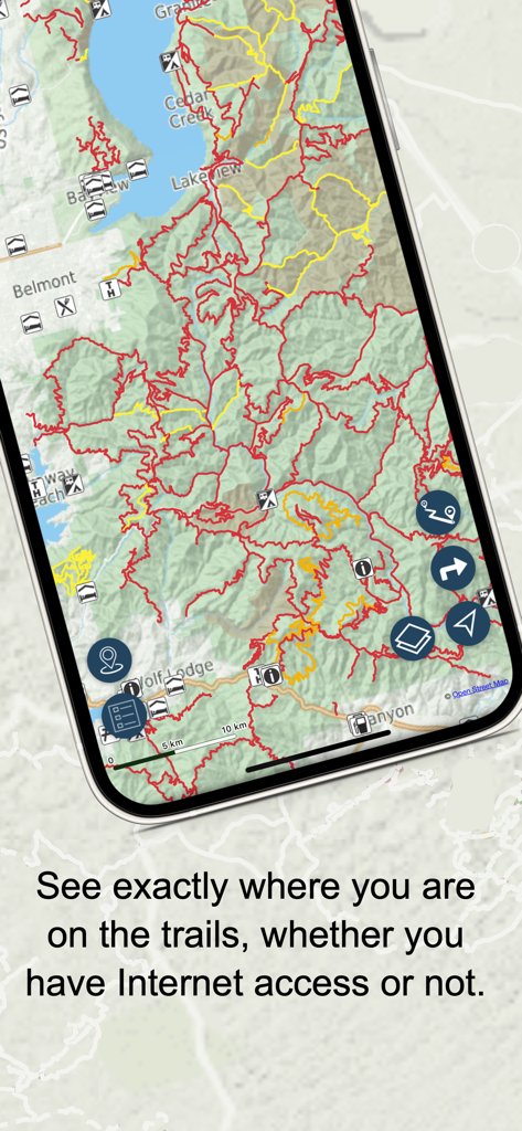Mapa GPS offline mostrando trilhas OHV e ATV com terreno topográfico e pontos de interesse