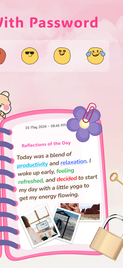 My Daily Diary - Mood Journal - 미학적인 디지털 일기 항목에 기분 아이콘, 사진, 보안 비밀번호 잠금이 있습니다.