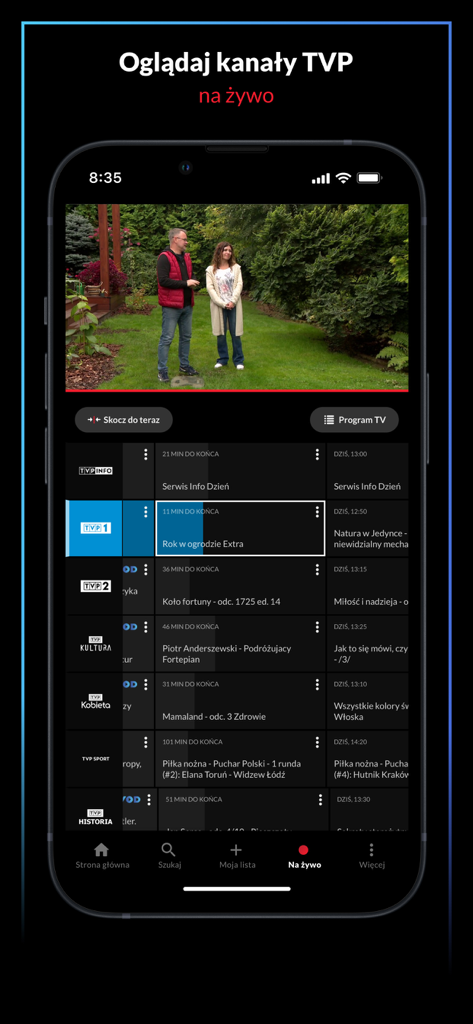 TVP VOD - Interfaccia dell'app TVP VOD che mostra i canali TV polacchi in diretta e il palinsesto.