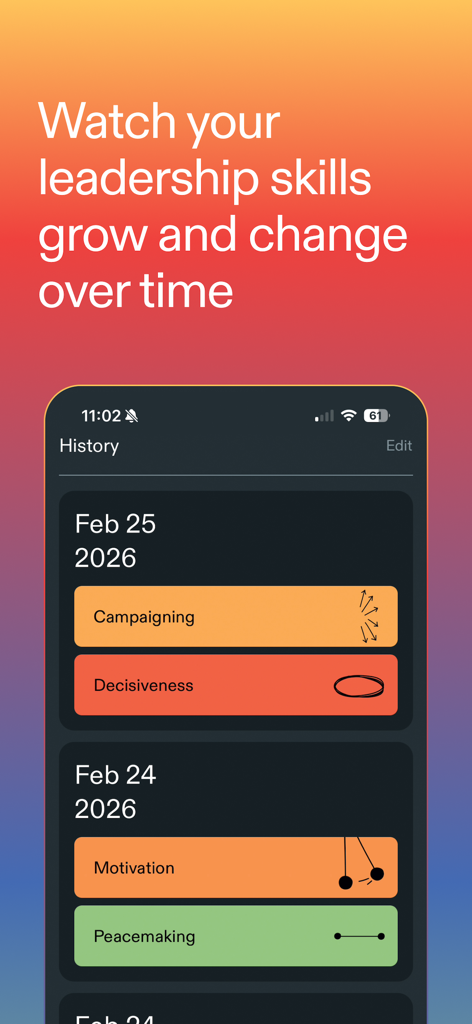 A history screen in the Superpowers app showing a timeline of leadership skills including campaigning, decisiveness, and motivation.