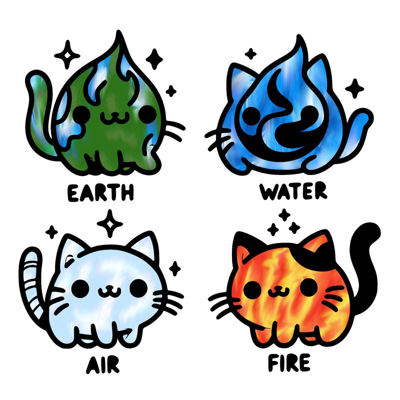 4 cats that represent the different elements, earth, water, air, and fire