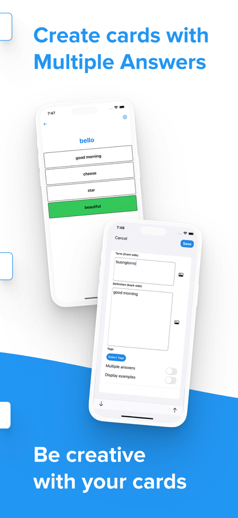 Flashcards World - AI Cards - Interface of Flashcards World app showing custom card creation and multiple choice study modes