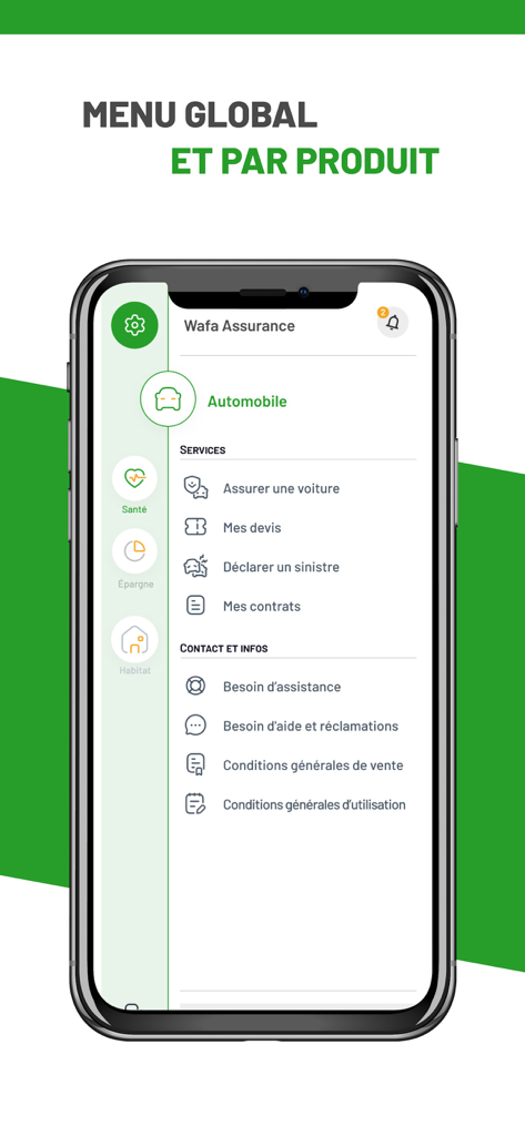 Smartphone screen showing the My Wafa app global menu with sections for automobile insurance health and savings