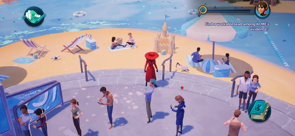 Carmen Sandiego. - Carmen Sandiego cherchant des indices sur une plage animée dans le jeu mobile.