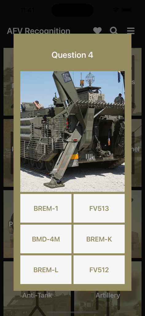 Quiz screen in the AFV Recognition app showing a military vehicle identification question with multiple choice options.