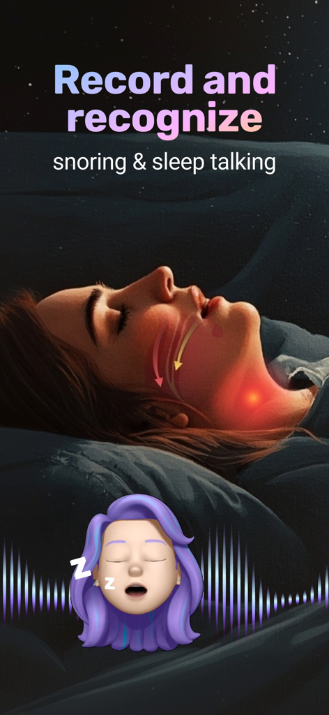 SleepTracker: Record & Improve - Eine Illustration einer schlafenden Frau mit einer Schallwellengrafik und Text, der die Funktionen der App zur Aufnahme von Schnarchen und Schlafgesprächen hervorhebt.