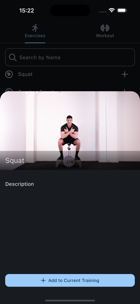 Exxentric 2.0 - Interfaz de la aplicación Exxentric que muestra una demostración en video de un ejercicio de sentadilla para entrenamiento de cadencia