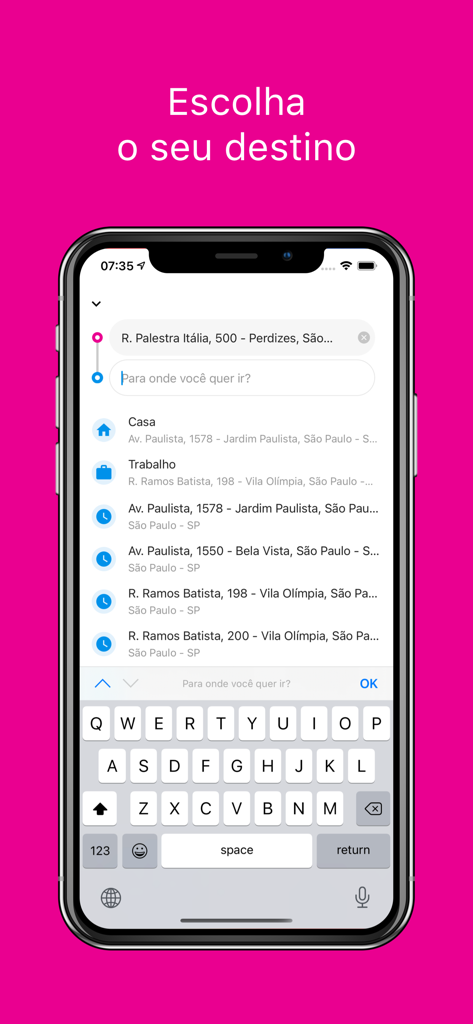 Wappa: Táxi e Carro Particular - Interface of the Wappa app showing the destination search screen with a list of recent locations.