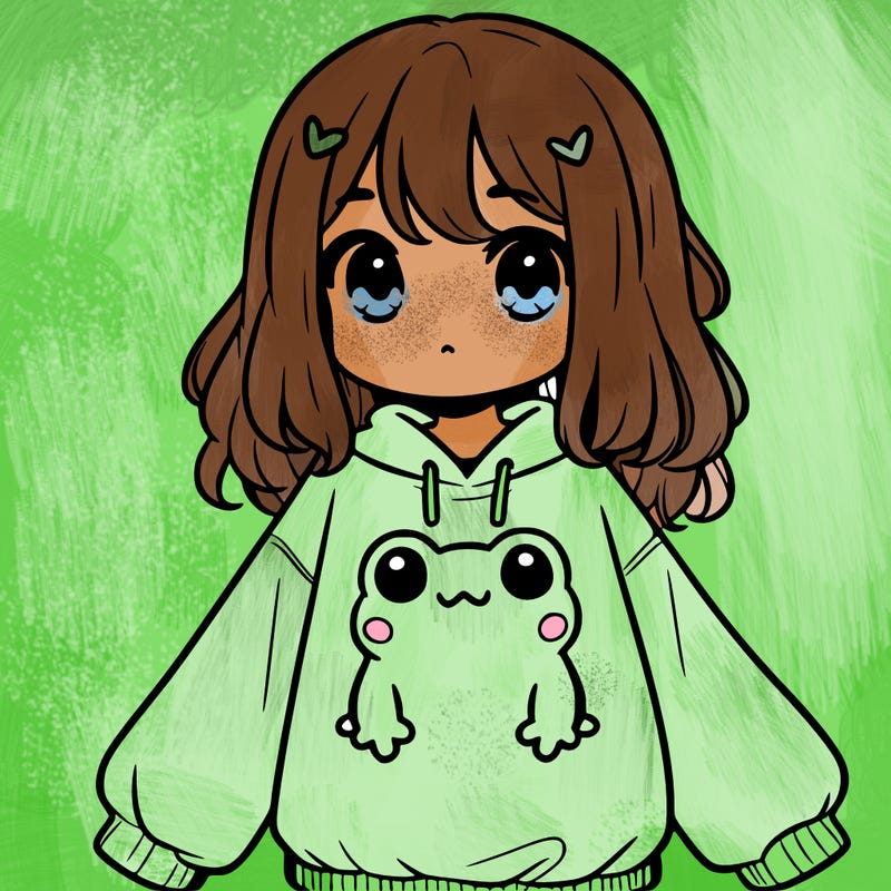 girl wearing frogging sweatshirt