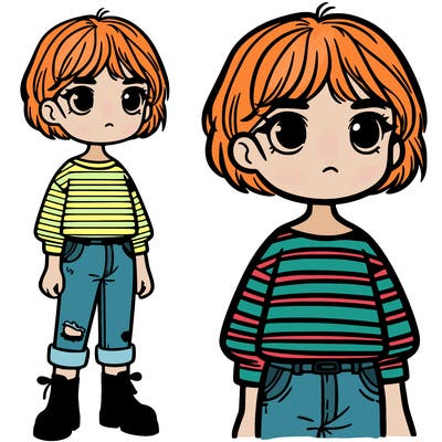a girl with short hair, a striped shirt, jeans and boots