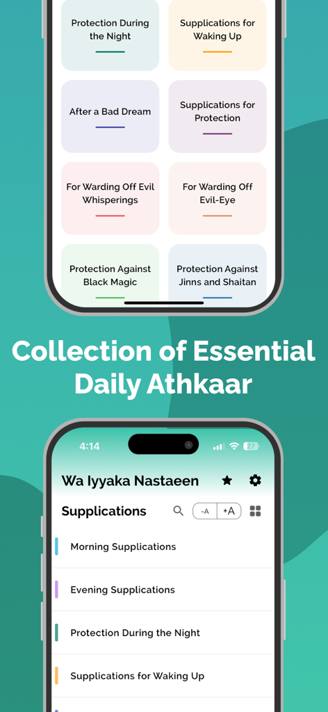 Wa Iyyaka Nastaeen - Wa Iyyaka Nastaeen app interface showing a collection of daily Islamic supplications and protection prayers categorized by theme.