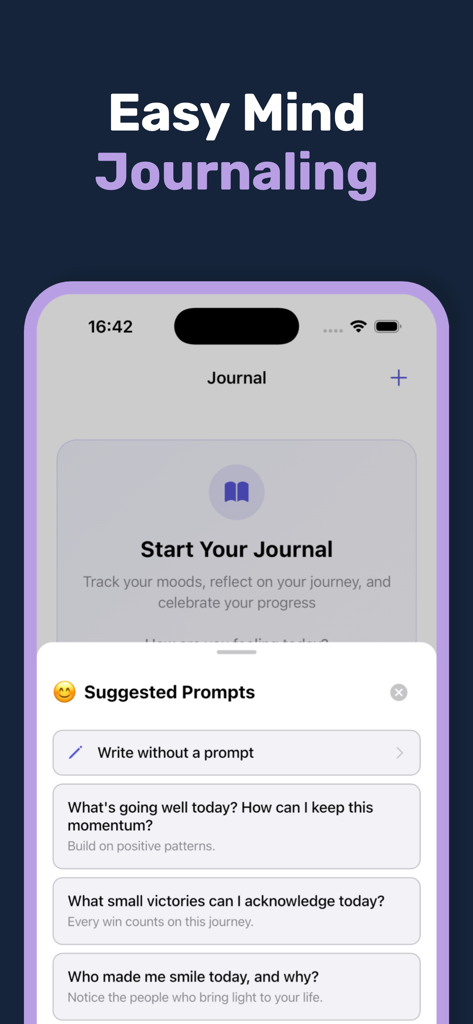 Sober Tracker: Quit Alcohol - Sober Tracker app journal interface with suggested reflection prompts for sobriety and mental health.