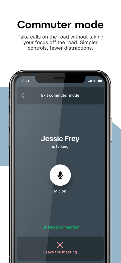 Écran du mode trajet de l'application GoTo avec des contrôles simplifiés pour les réunions professionnelles mains libres en voiture