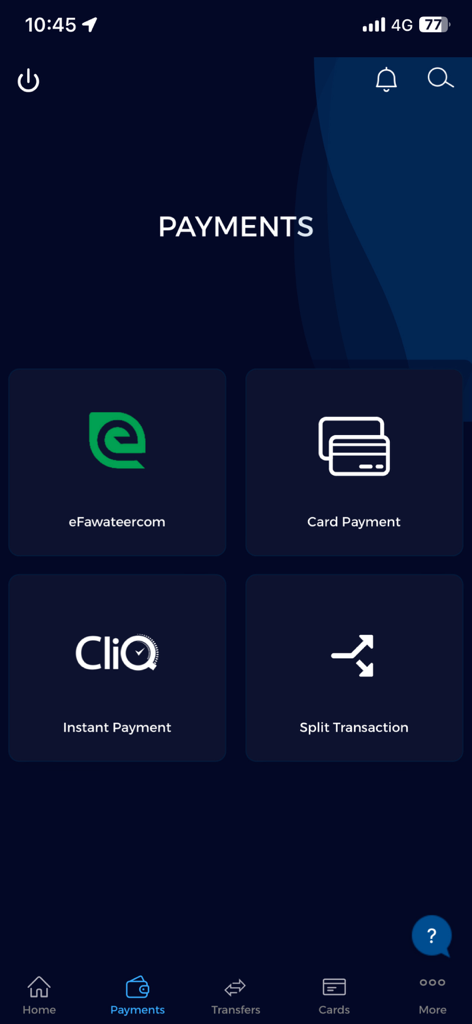 Tela de pagamentos do aplicativo Iskan Mobile com opções de eFawateercom, Pagamento com Cartão, Pagamento Instantâneo CliQ e Transação Dividida.