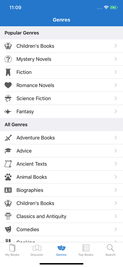 Loyal Books - Screenshot of the Loyal Books app showing a variety of book genres like Fiction Mystery and Classics.