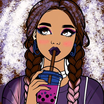 realistic girl with braided hair drinking boba