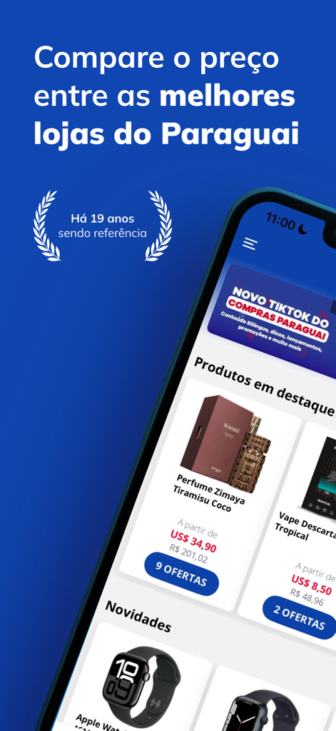 Compras Paraguai - Smartphone mostrando la aplicación Compras Paraguai con comparaciones de precios de perfumes y productos electrónicos.