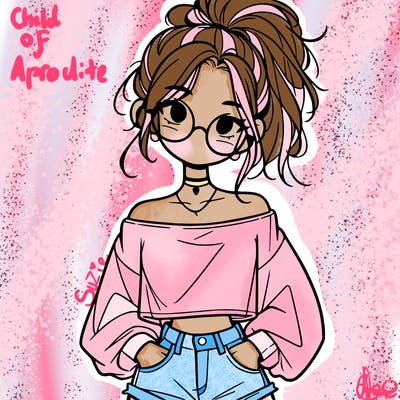 girl with a messy ponytail glasses a baggy crop top and jean shorts