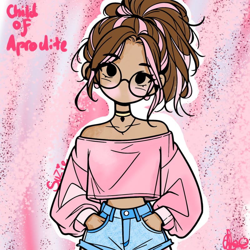 girl with a messy ponytail glasses a baggy crop top and jean shorts