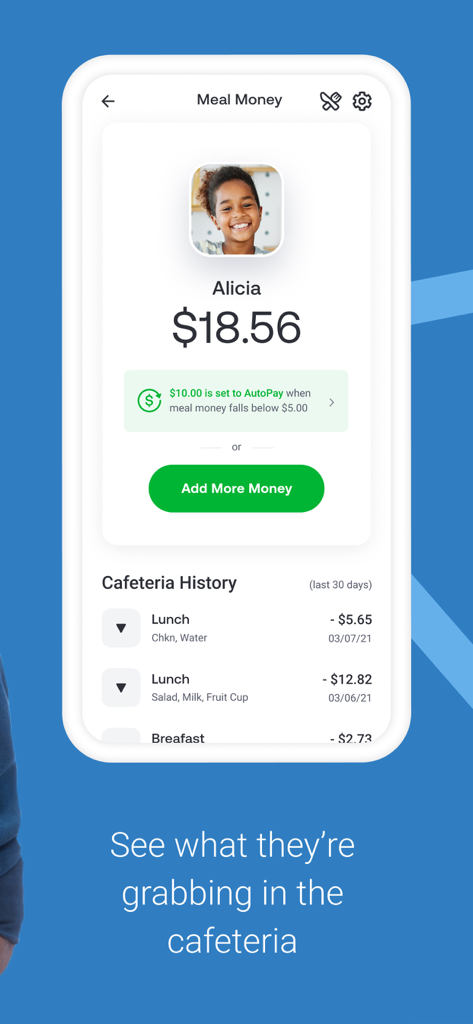 Screenshot dell'app MySchoolBucks che mostra il saldo della mensa dello studente e la cronologia dei recenti acquisti di pasti