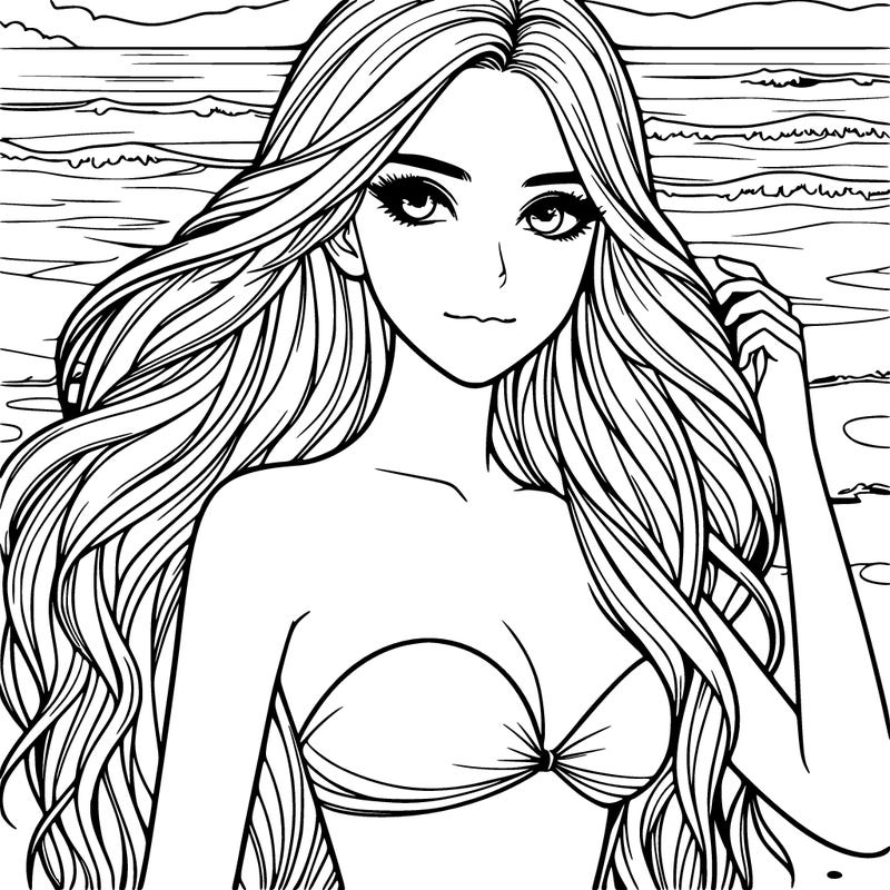 realistic girl with long hair with bathing suit on the beach