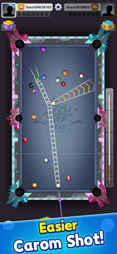 Infinity 8 Ball™ Pool King - Jugabilidad de un juego de billar móvil que muestra líneas de trayectoria de puntería para un tiro de carambola