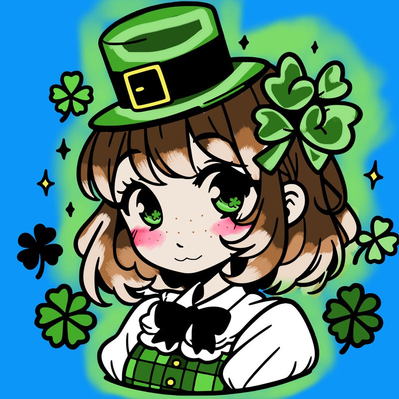 a manga-style girl with clovers around her, a little hat in her hair, like it's saint patrick's day