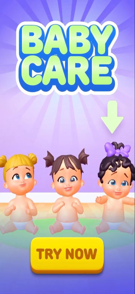 My Baby Care: Virtual Dress Up - Three virtual cartoon babies with a Try Now button in the My Baby Care app