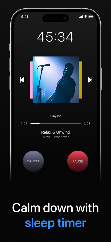 iPhone screen showing the sleep timer feature of Alarm Clock HD app with a music player playing Relax and Unwind music