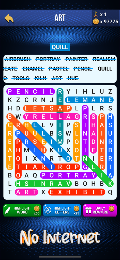 A word search puzzle grid with colorful highlighted words in an art theme showing offline play support