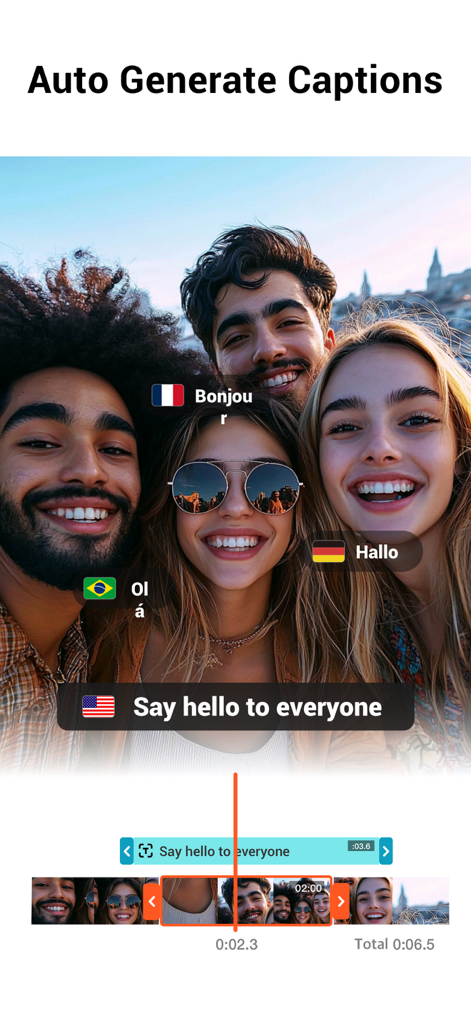 YouCut - AI Video Editor - A group video in the YouCut app showing auto generated captions in multiple languages