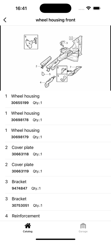 Technical diagram and part numbers for a Volvo front wheel housing assembly