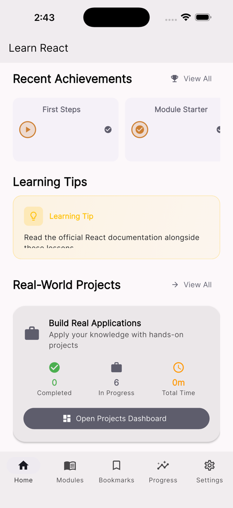 Home-Dashboard der Learn React App, das Erfolge und den Fortschritt bei realen Projekten zeigt