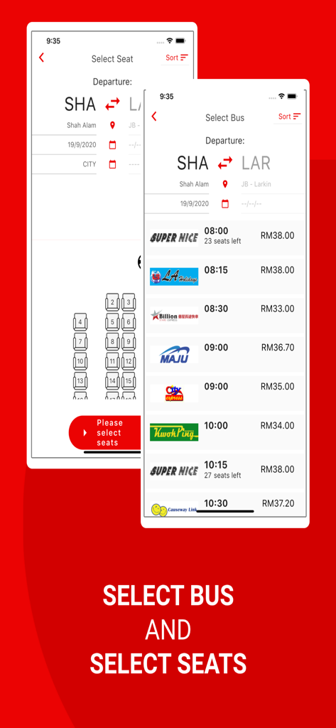 Terminal 17 Mobile - Screenshots of the Terminal 17 Mobile app interface showing a list of bus operators with times and a bus seat layout map.