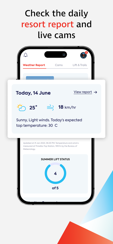 Thredbo Resort app weather report and summer lift status screen
