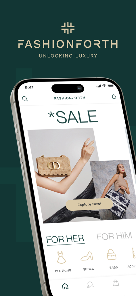 Fashion Forth - Screenshot of the Fashion Forth luxury fashion app home screen showing current sales and shopping categories.