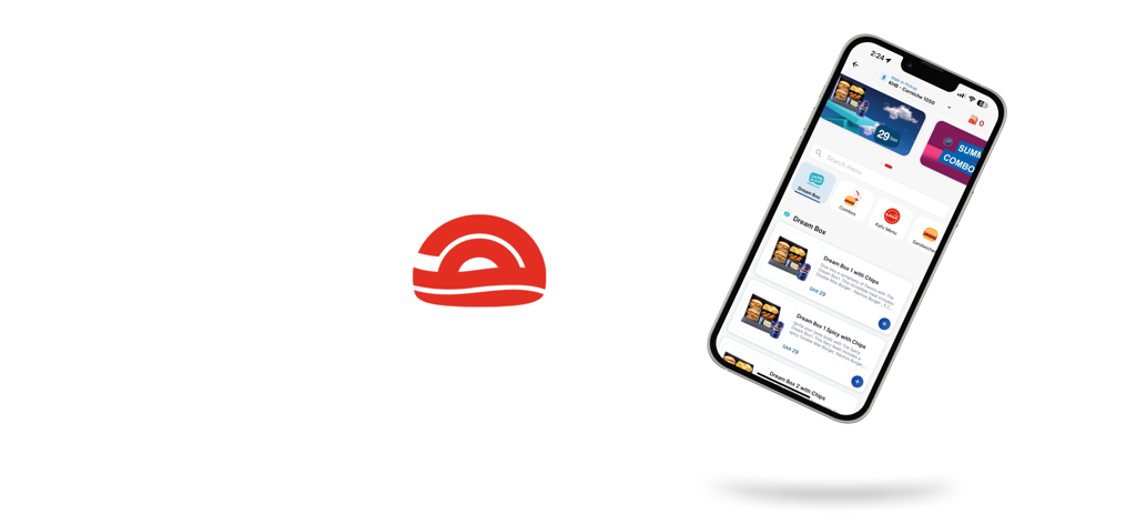 Herfy App - Herfy App logo and a smartphone showing the food ordering menu interface.