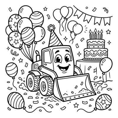 Get ready to celebrate with this delightful coloring page featuring a happy construction scraper at its very own birthday party! Kids will love bringing this festive scene to life with their favorite colors, complete with balloons, confetti, and a delicious cake.