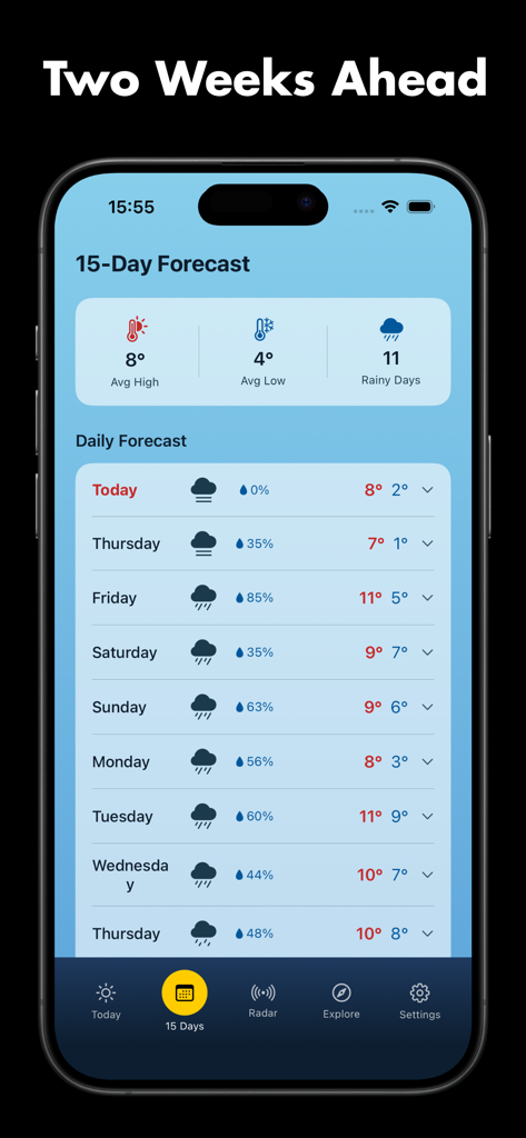WeatherMax: Daily Forecast - WeatherMax app interface showing a detailed fifteen day weather forecast with daily temperature and rain probability
