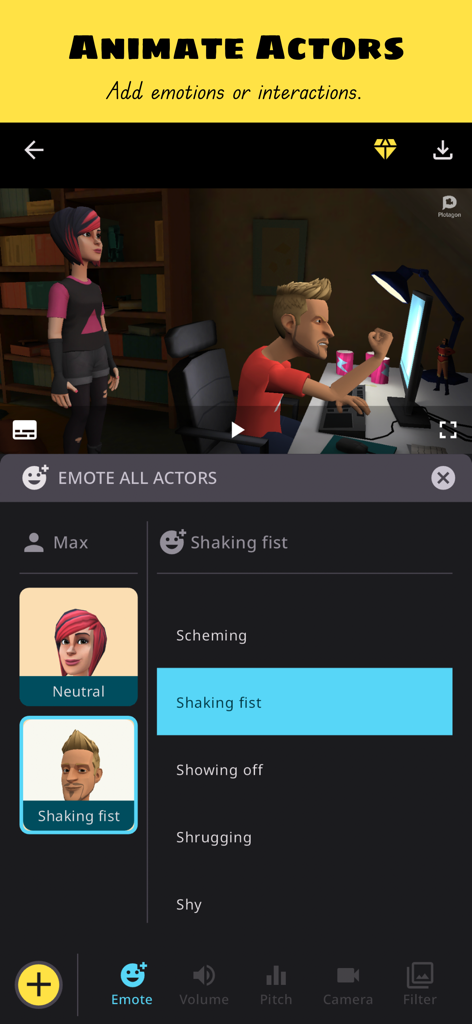 Plotagon Studio - Interface of Plotagon Studio app showing a character creator selecting a shaking fist emotion for a 3D animated character.