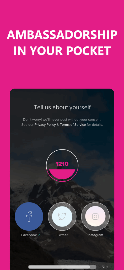 SocialLadder app onboarding screen showing options to connect Facebook Twitter and Instagram accounts to start as a brand ambassador
