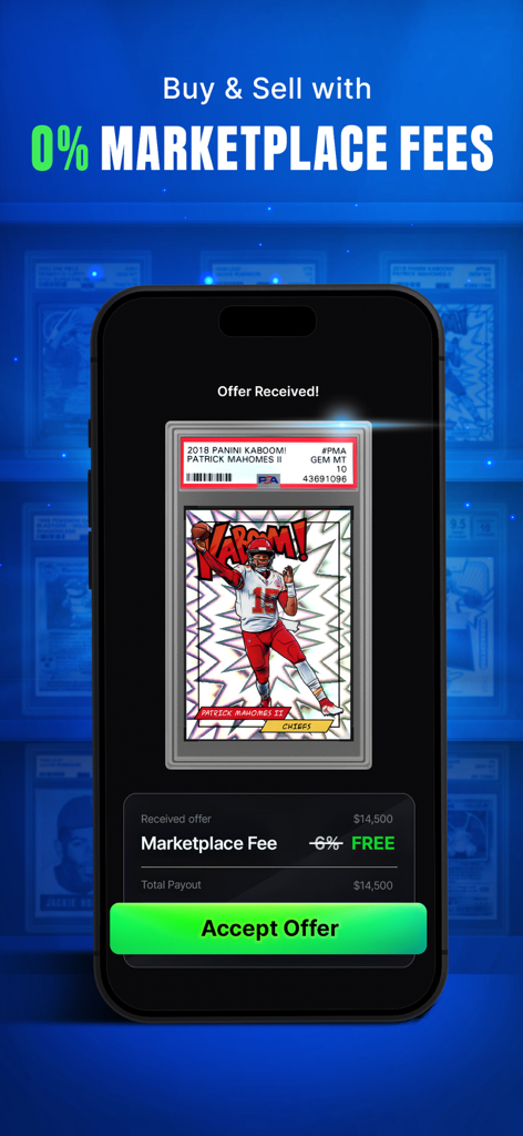 A mobile app screen displaying a zero percent marketplace fee offer for a high value sports card