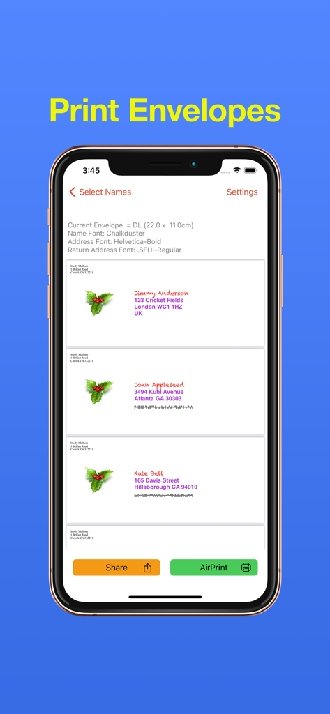 Address Labels & Envelopes - Pantalla de la aplicación del iPhone que muestra diseños de sobres personalizados con direcciones de destinatarios e iconos navideños
