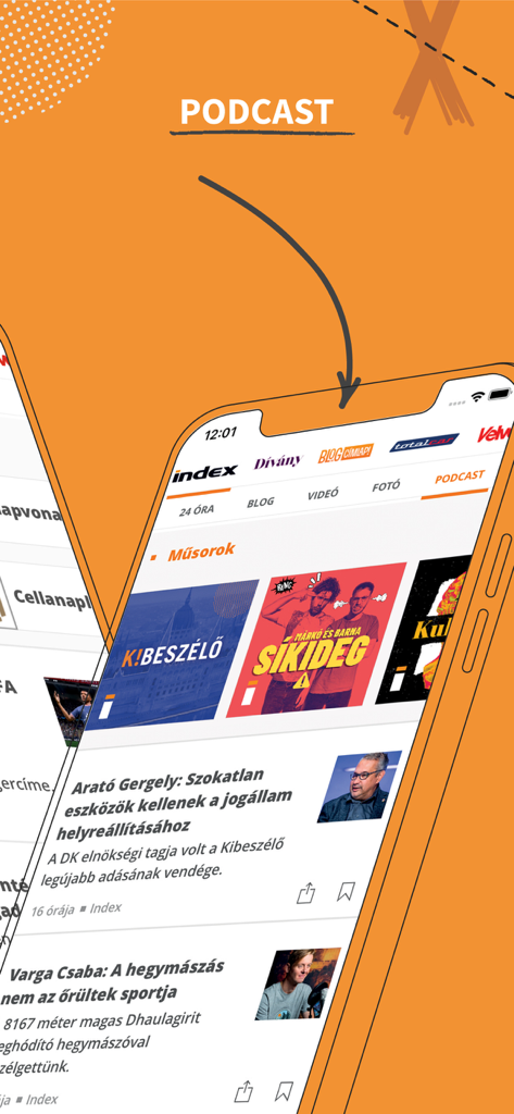 A mobile app interface showing the podcast section of Index.hu with thumbnails for different Hungarian programs