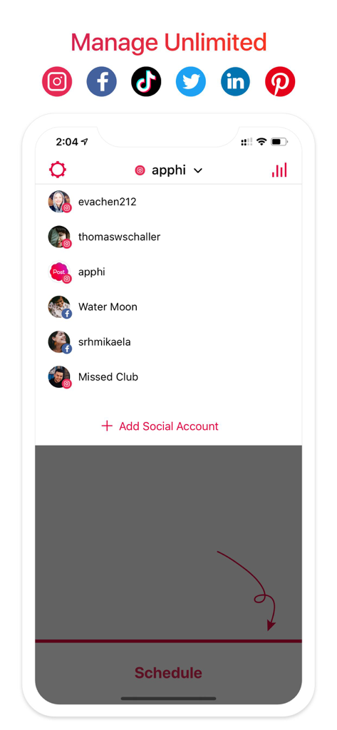 Interfaz de la aplicación Apphi mostrando una lista de perfiles de redes sociales conectados para la gestión multiplataforma.